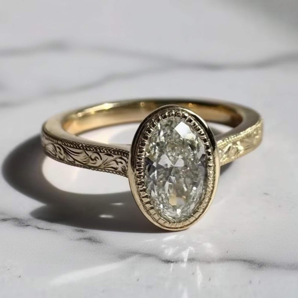 Bezel Set 2CT Oval Cut Moissanite Engagement Ring, Vintage Art Deco 14K Gold Wedding Ring, Oval Moissanite Solitaire Ring, Milgrain Set Ring