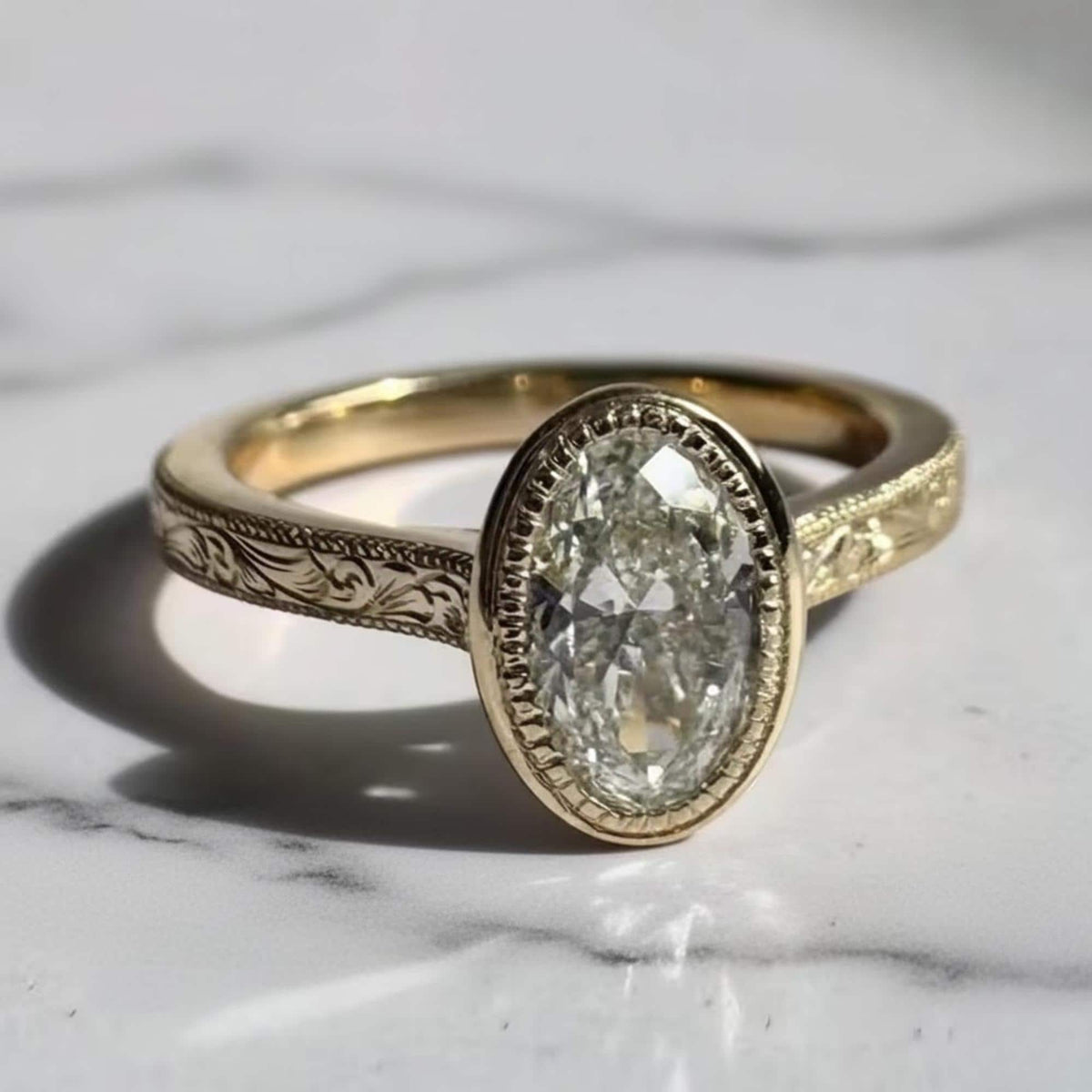 Bezel Set 2CT Oval Cut Moissanite Engagement Ring, Vintage Art Deco 14K Gold Wedding Ring, Oval Moissanite Solitaire Ring, Milgrain Set Ring