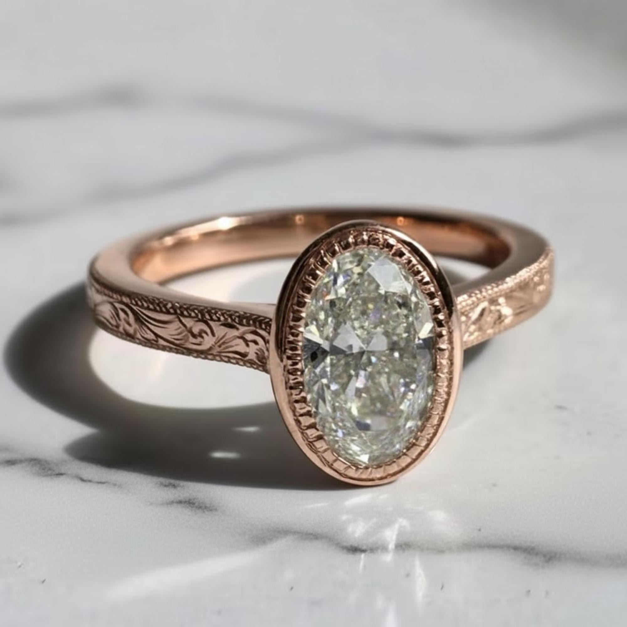 Bezel Set 2CT Oval Cut Moissanite Engagement Ring, Vintage Art Deco 14K Gold Wedding Ring, Oval Moissanite Solitaire Ring, Milgrain Set Ring