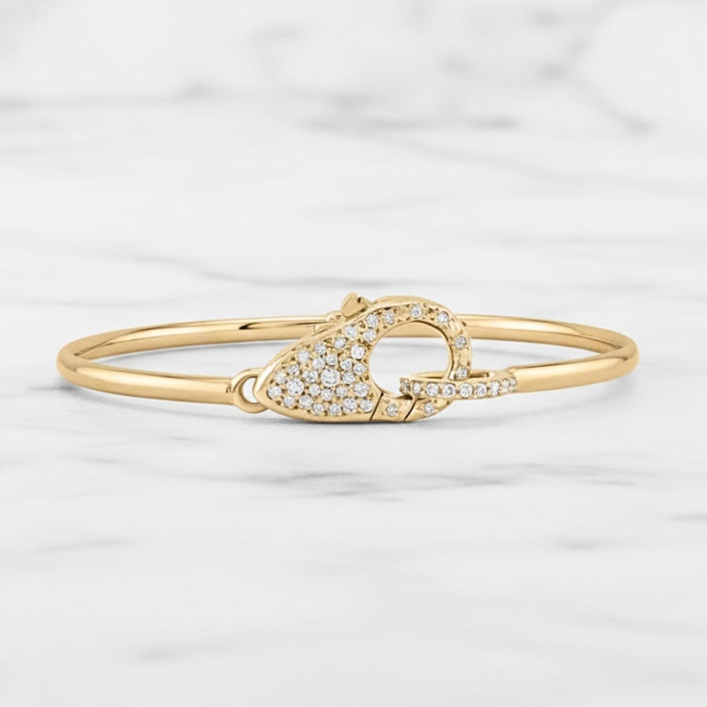 14K Solid Gold Bangle Bracelet for Women, Round Cut Diamond Bracelet Bangle, Gold Latch Bracelet, Diamond Bangle Bracelet, Gift For Her