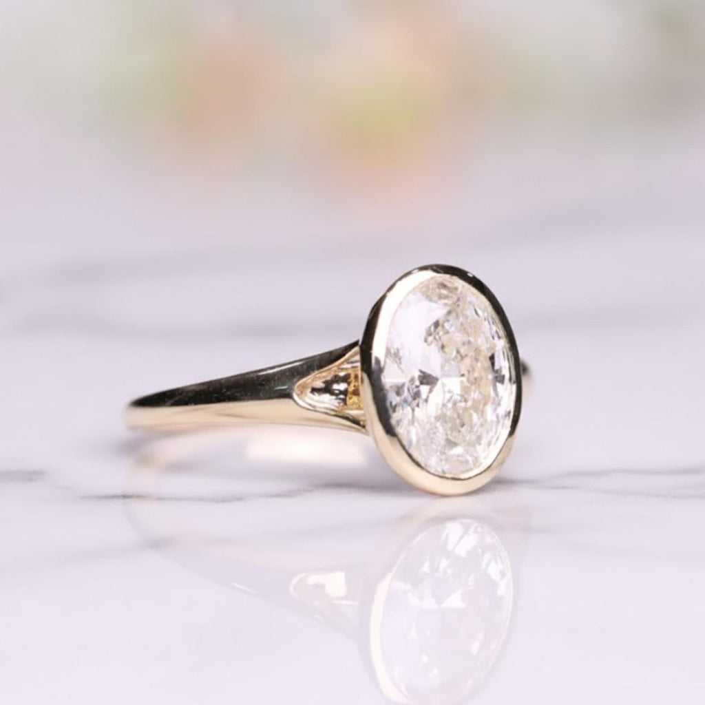 Oval Moissanite Bezel Engagement Ring  14k Solid Gold, Gift for Her