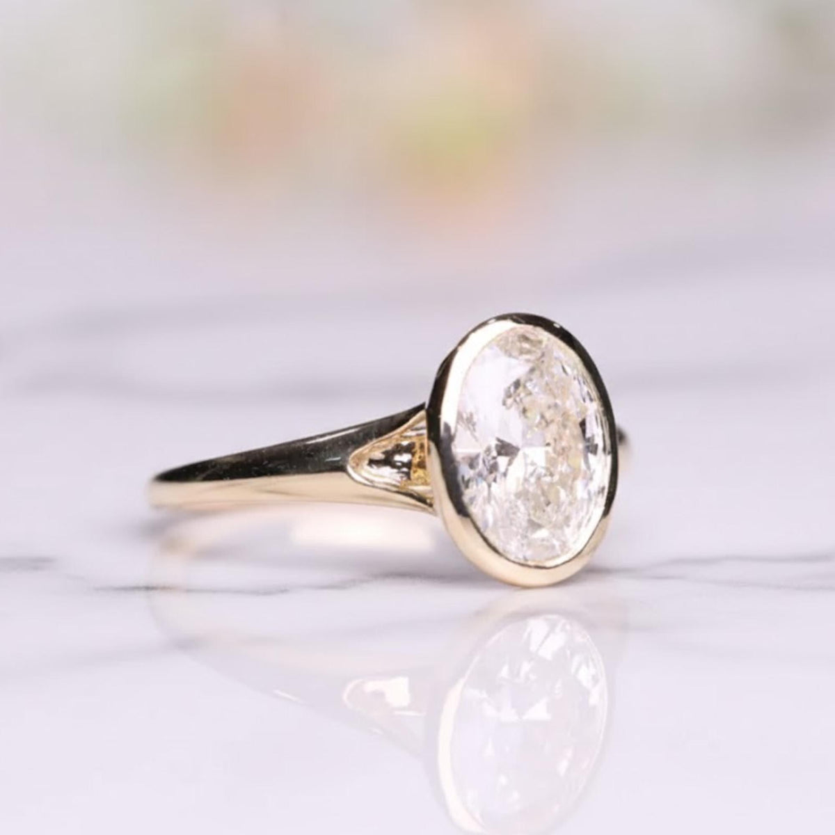 Oval Moissanite Bezel Engagement Ring  14k Solid Gold, Gift for Her