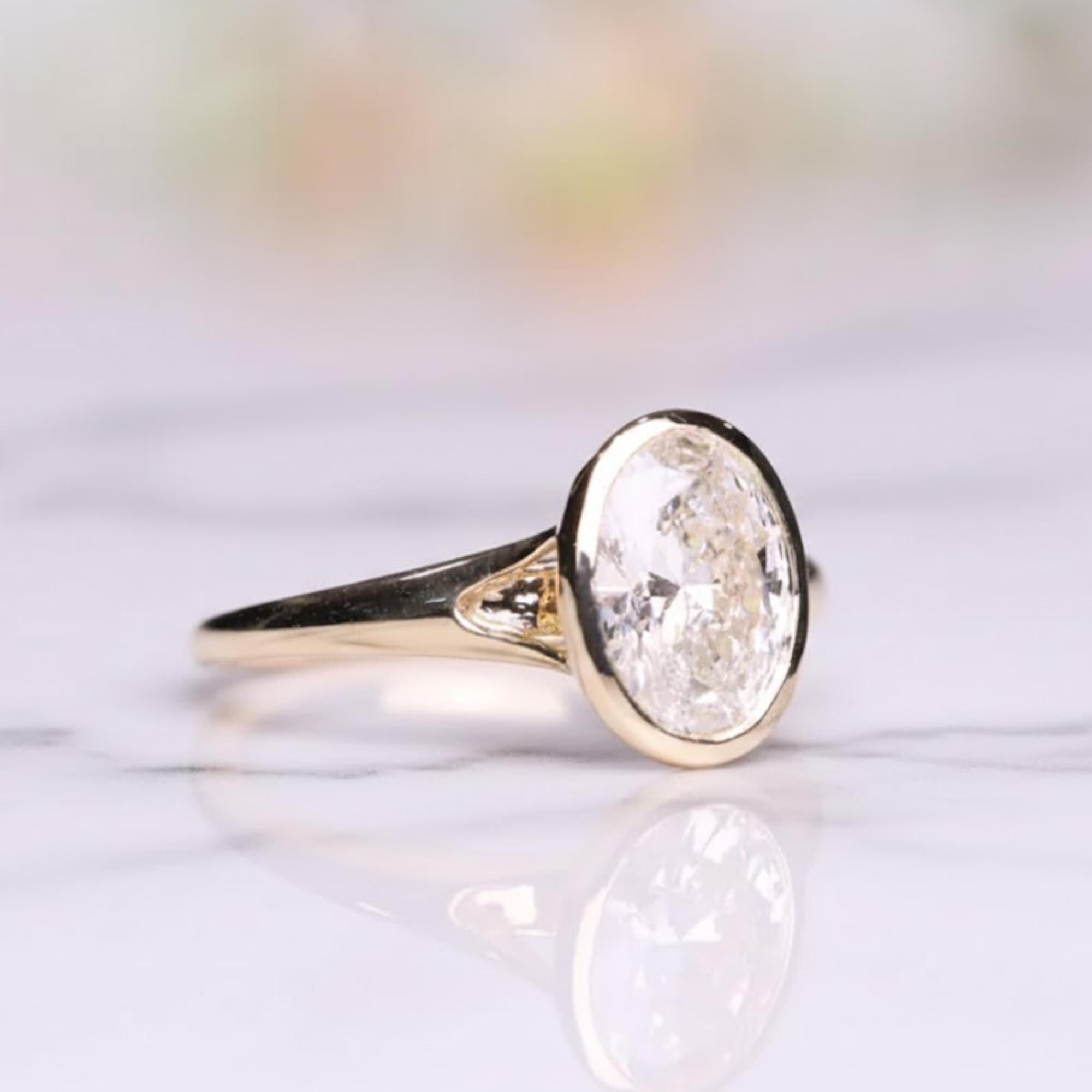 Oval Moissanite Bezel Engagement Ring  14k Solid Gold, Gift for Her