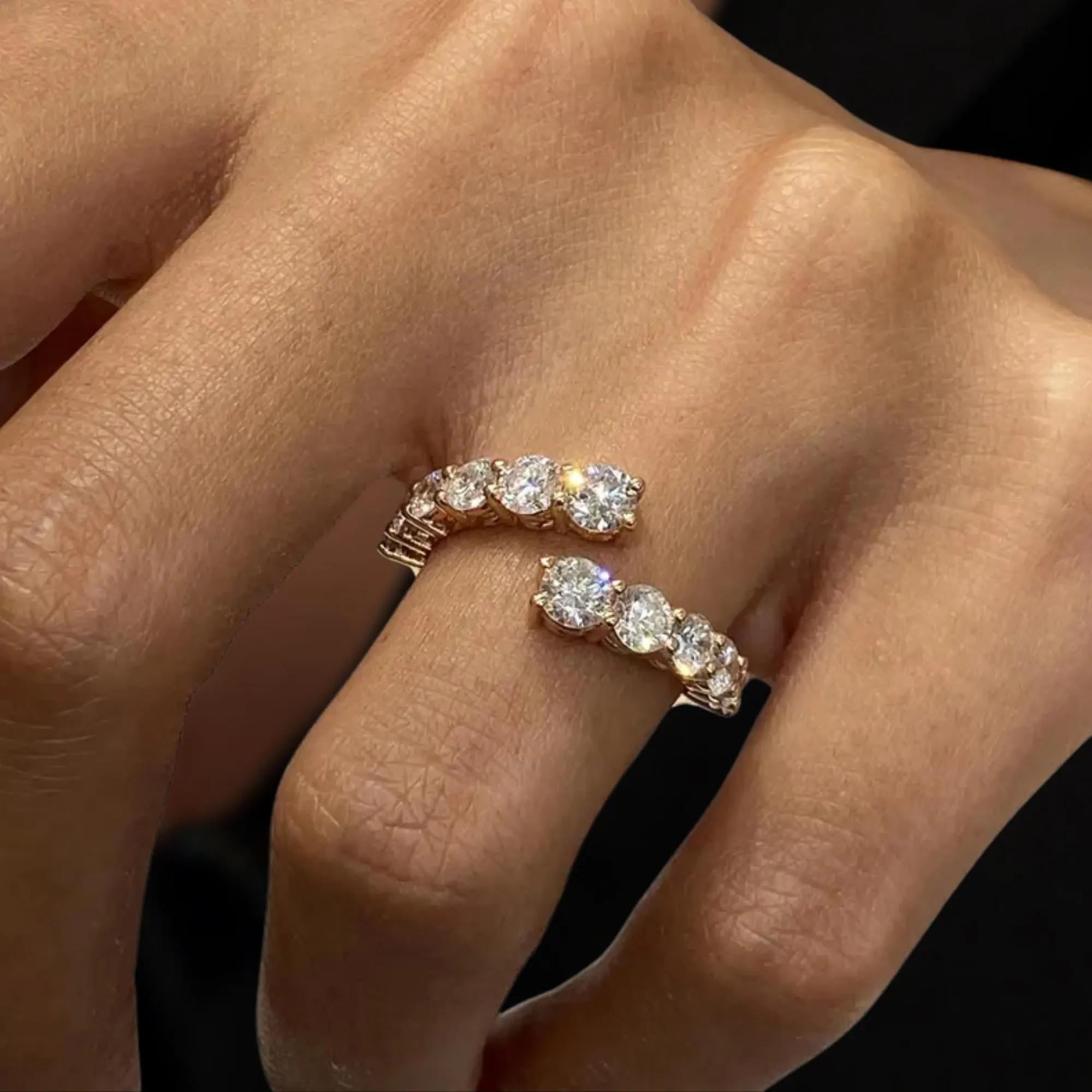 14k Solid Yellow Gold Spiral Diamond Moissanite Ring, Open Bypass Wedding Band
