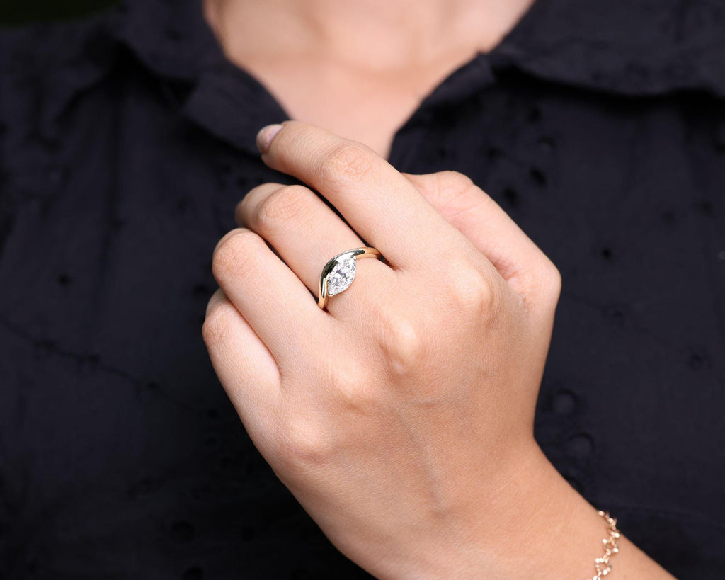 Marquise Cut Moissanite Solitaire Engagement Ring, Thick Curved Band Anniversary Ring, East West Set Marquise Ring, Floating Basket Ring