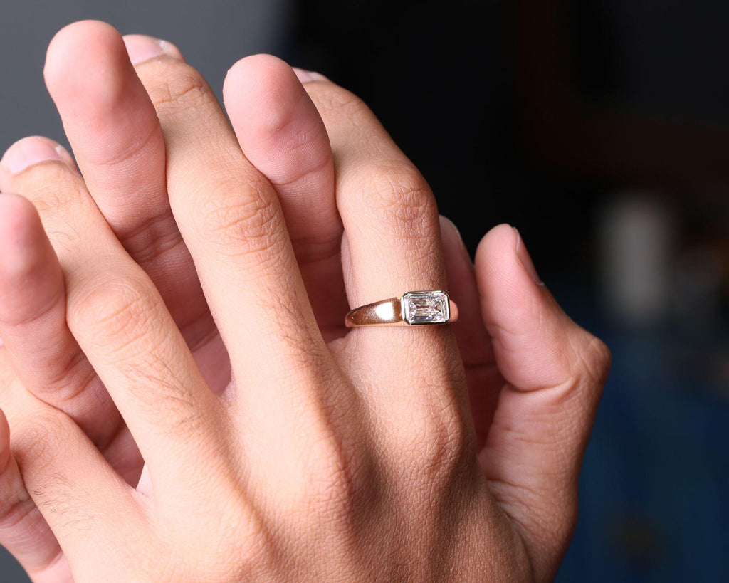 1.50 ctw Emerald Cut Moissanite Signet Ring, 14K Gold Bezel Set Dainty Engagement Ring, Minimalist Stackable Promise Ring, Birthday