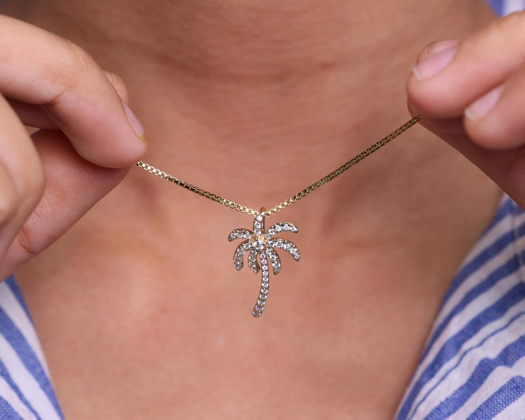 14K Solid Gold Diamond Palm Tree Pendant Necklace, Dainty Handmade Jewelry, Gift for Mother, Wife, Daughter