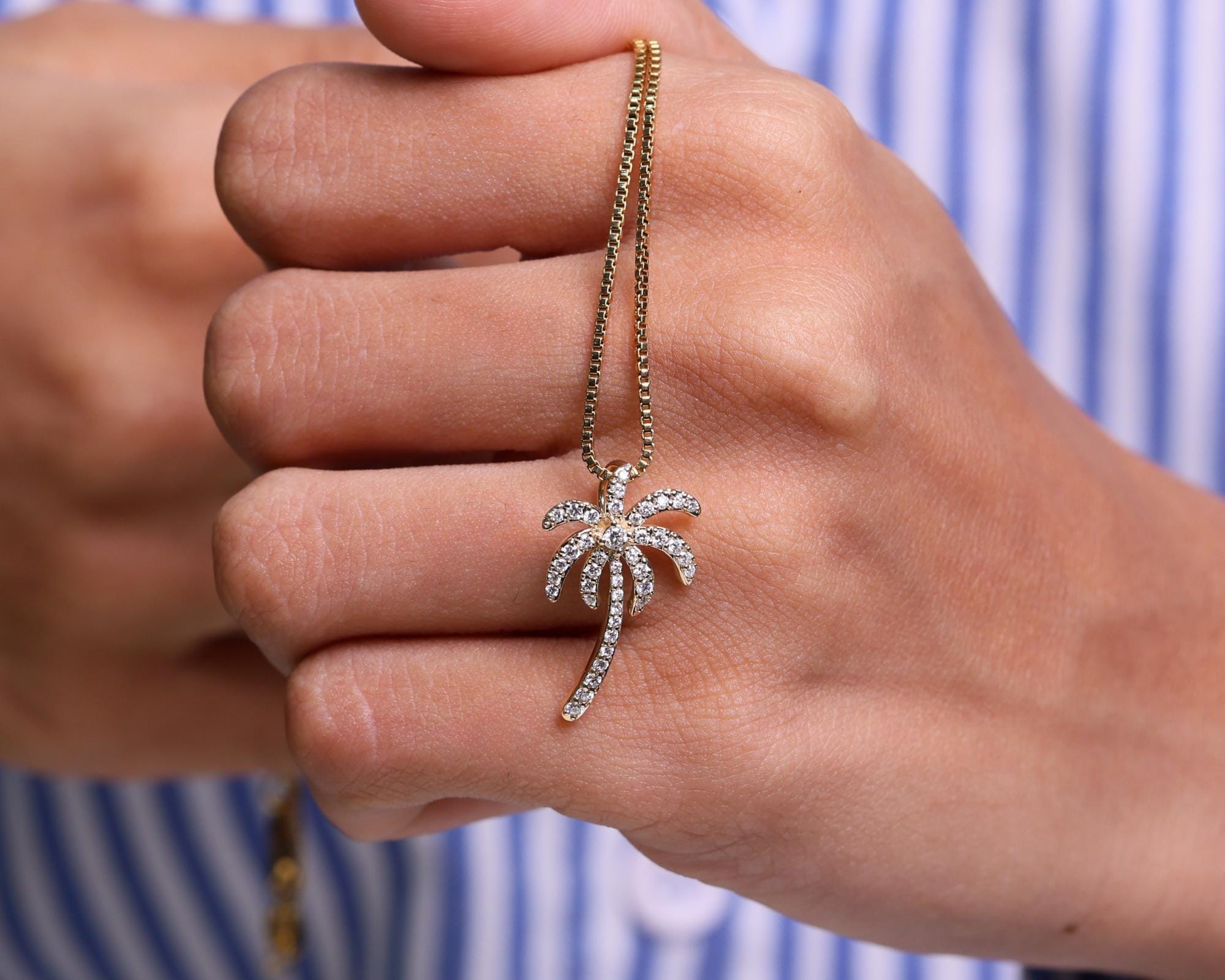 14K Solid Gold Diamond Palm Tree Pendant Necklace, Dainty Handmade Jewelry, Gift for Mother, Wife, Daughter
