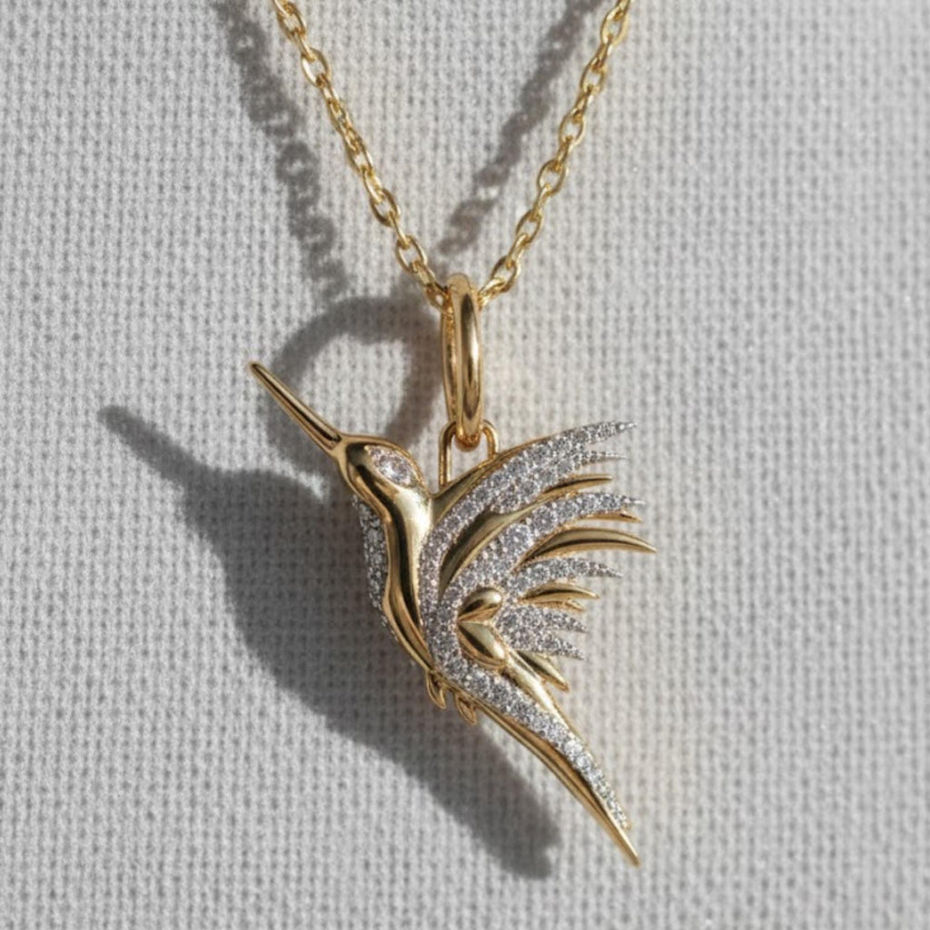 Moissanite Hummingbird Necklace, Dainty Gold Bird Pendant, Nature Inspired Jewelry, Minimalist Layering Necklace for Women
