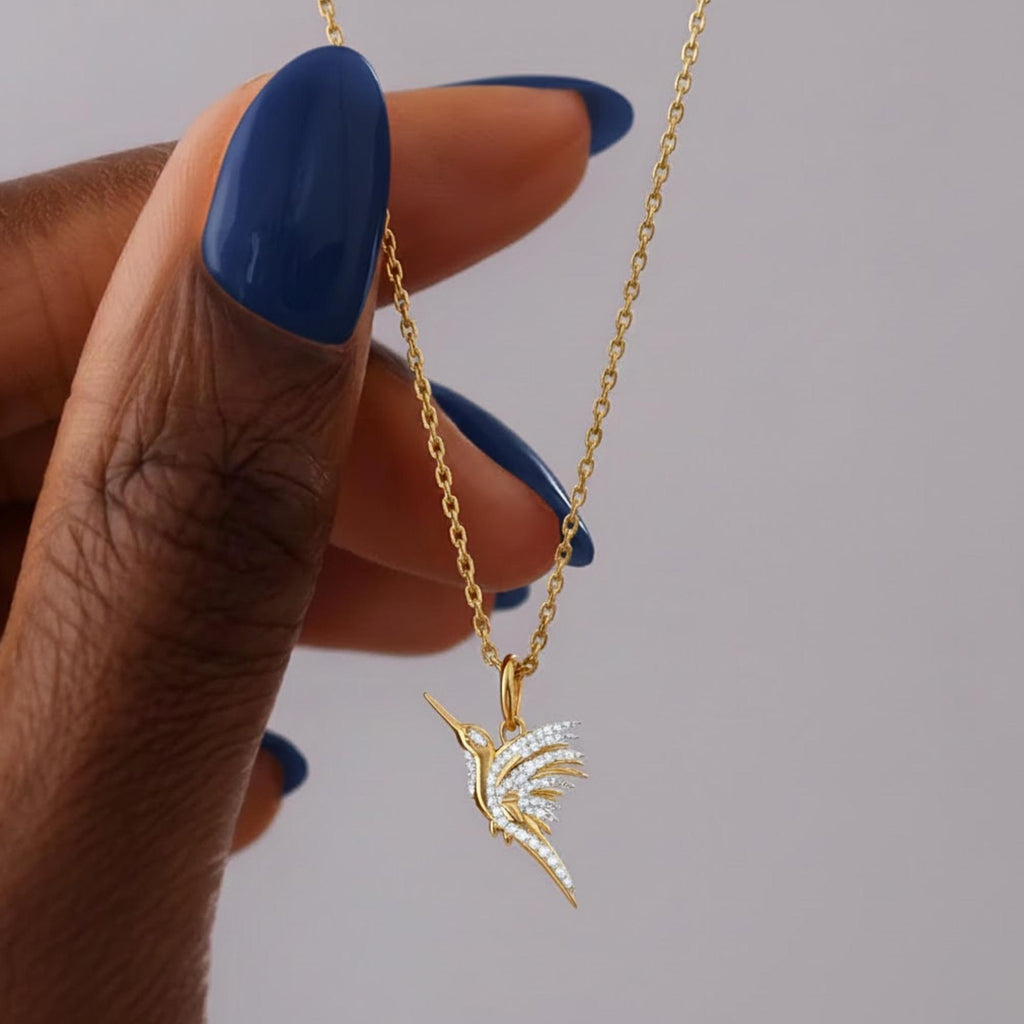 Moissanite Hummingbird Necklace, Dainty Gold Bird Pendant, Nature Inspired Jewelry, Minimalist Layering Necklace for Women