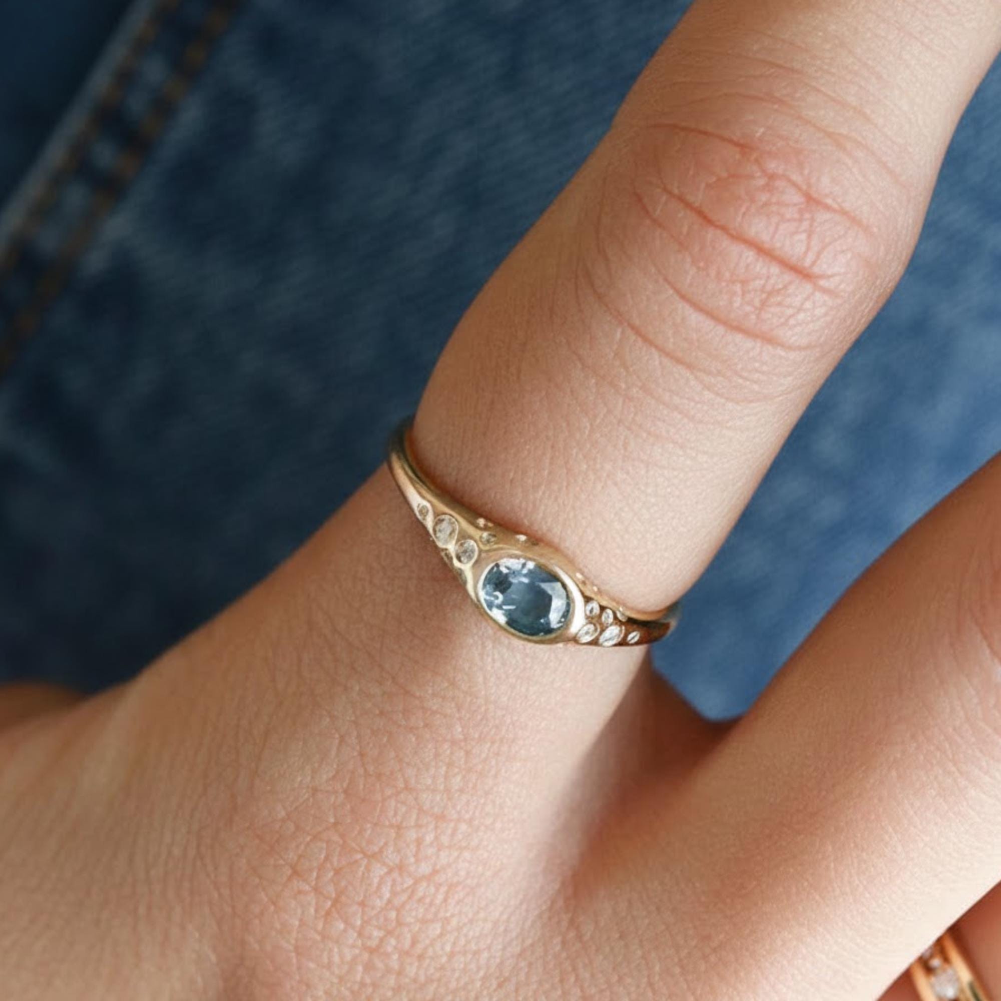 Blue Sapphire Moissanite Ring, Oval Bezel Ring, Dainty Gold Ring, Minimal Vintage Ring, Unique Engagement Ring, Promise Ring