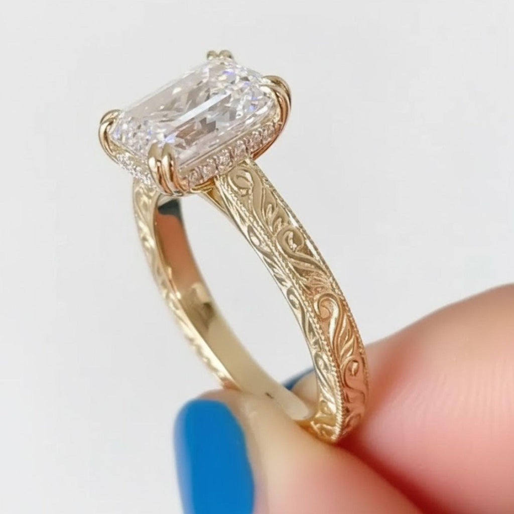 Emerald Cut Moissanite Ring, 14K Yellow Gold Vintage Floral Band