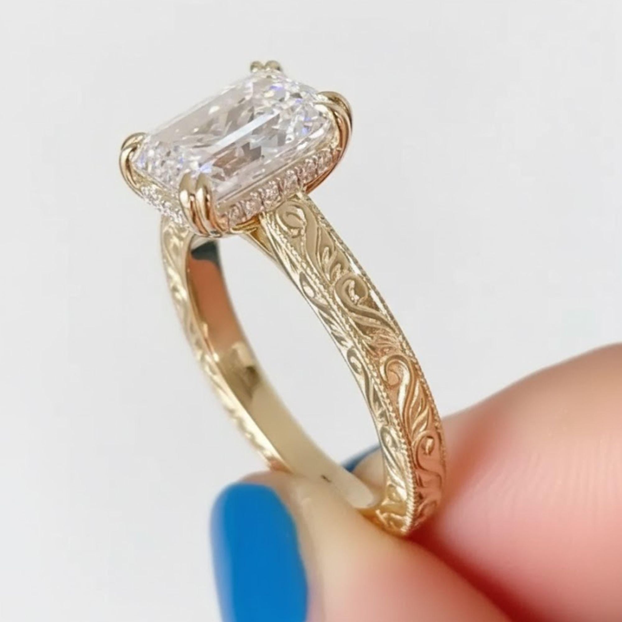Emerald Cut Moissanite Ring, 14K Yellow Gold Vintage Floral Band