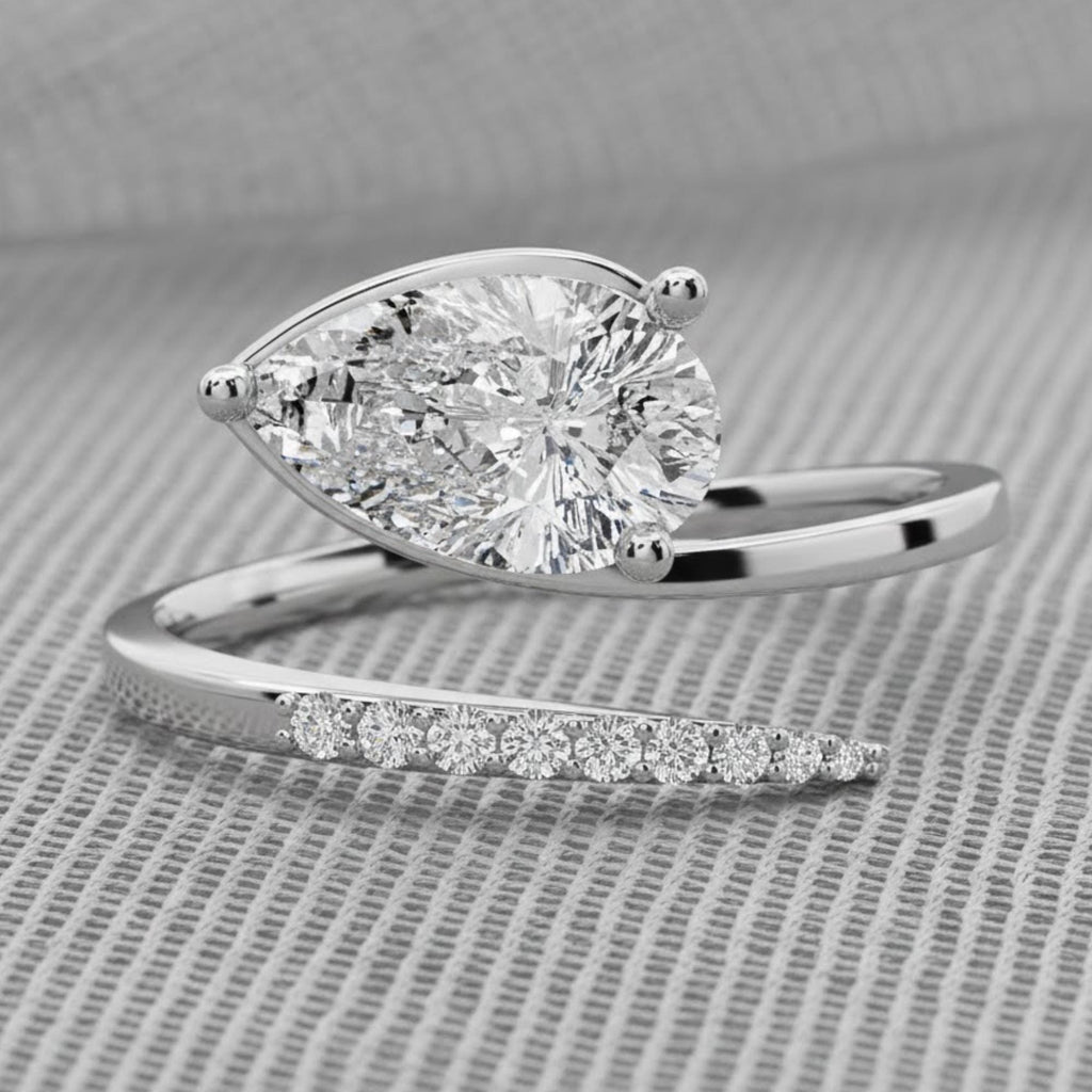 14K Gold 1.00 ctw Pear Cut Moissanite Ring, curved wedding band, Floating Ring, Minimal Stackable Ring, Gift for Her