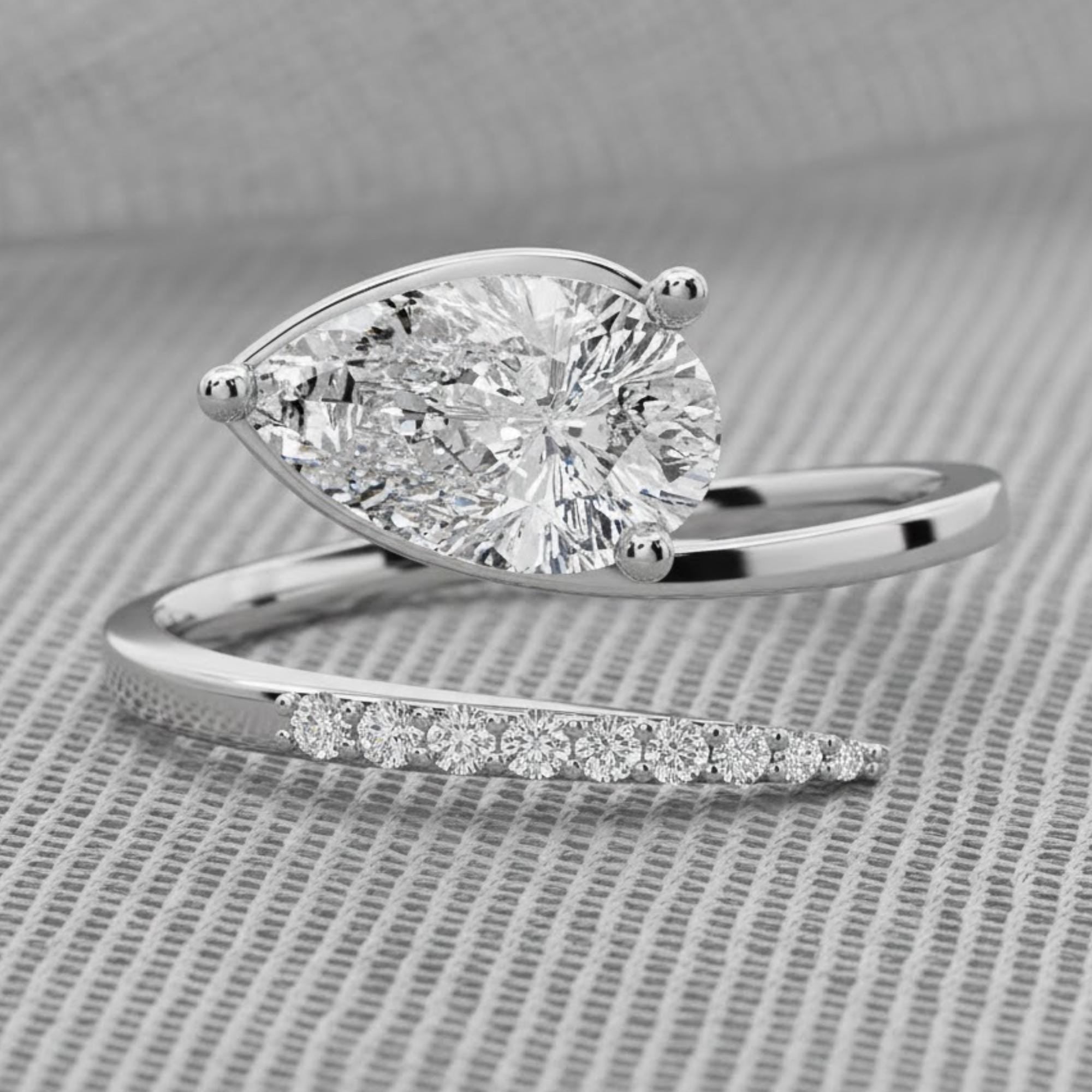 14K Gold 1.00 ctw Pear Cut Moissanite Ring, curved wedding band, Floating Ring, Minimal Stackable Ring, Gift for Her