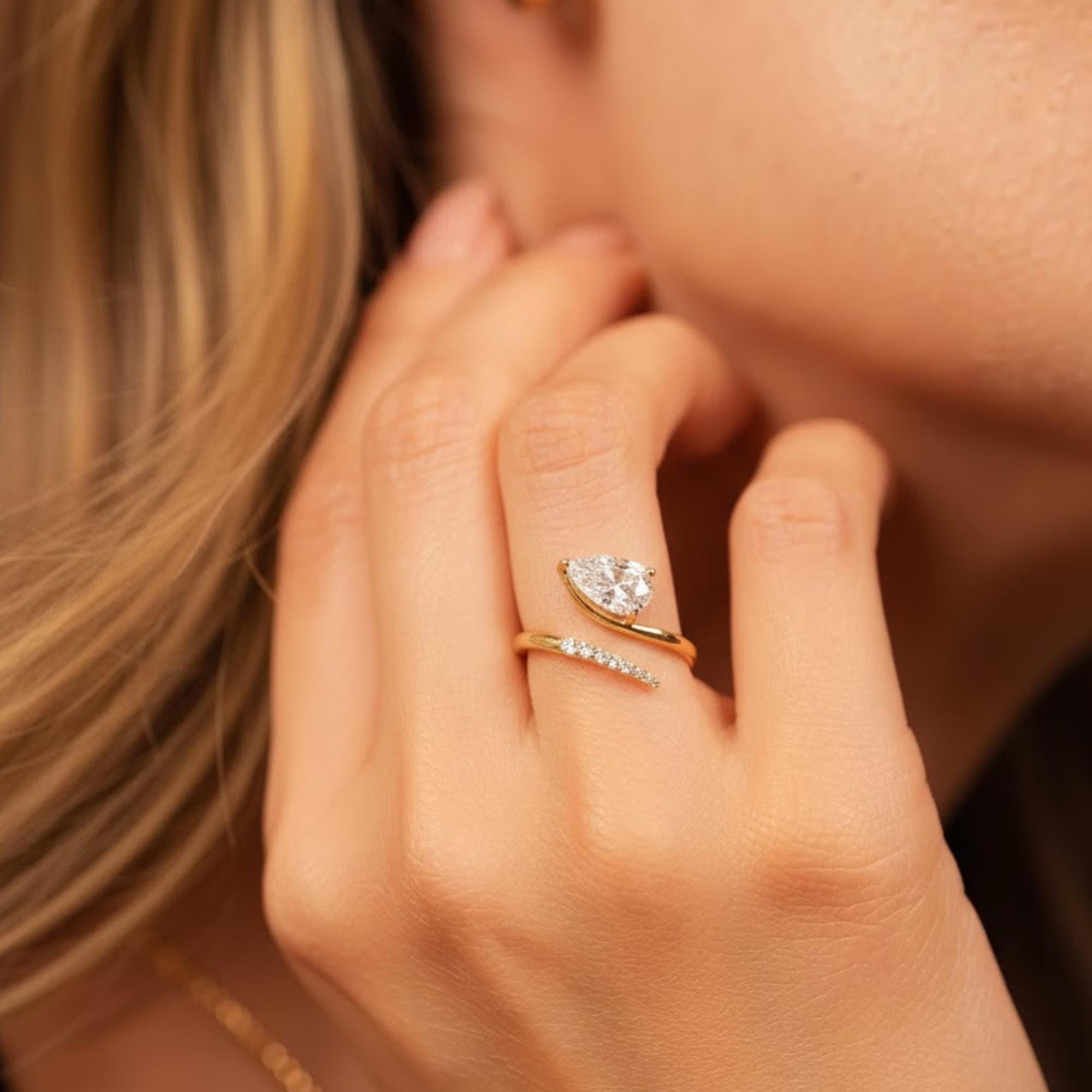 14K Gold 1.00 ctw Pear Cut Moissanite Ring, curved wedding band, Floating Ring, Minimal Stackable Ring, Gift for Her