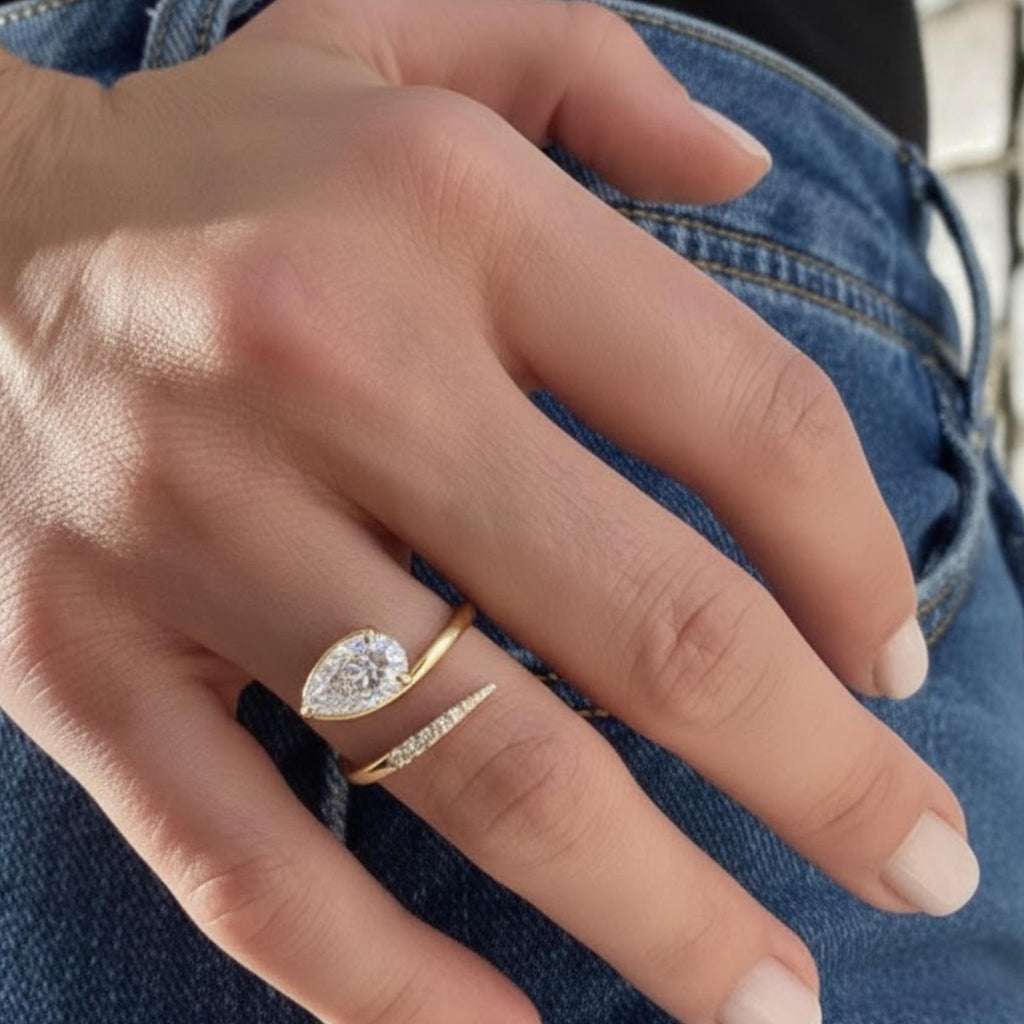 14K Gold 1.00 ctw Pear Cut Moissanite Ring, curved wedding band, Floating Ring, Minimal Stackable Ring, Gift for Her