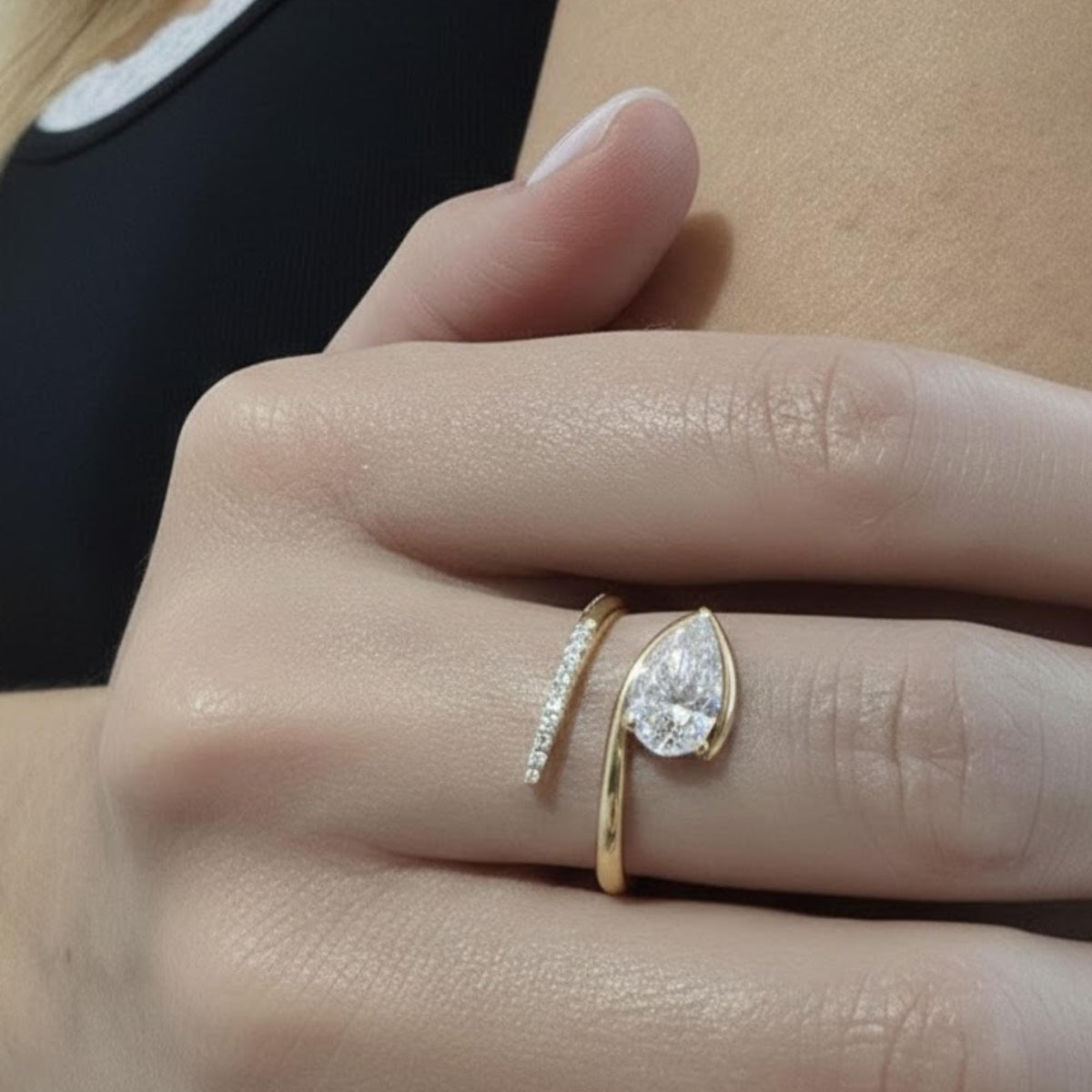 14K Gold 1.00 ctw Pear Cut Moissanite Ring, curved wedding band, Floating Ring, Minimal Stackable Ring, Gift for Her
