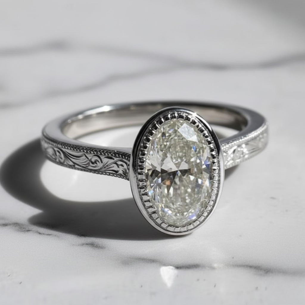 Bezel Set 2CT Oval Cut Moissanite Engagement Ring, Vintage Art Deco 14K Gold Wedding Ring, Oval Moissanite Solitaire Ring, Milgrain Set Ring
