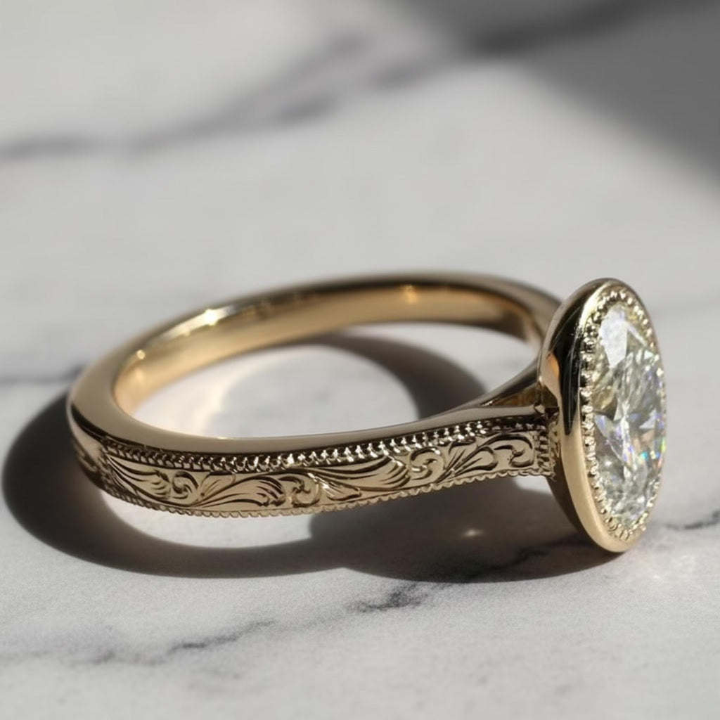 Bezel Set 2CT Oval Cut Moissanite Engagement Ring, Vintage Art Deco 14K Gold Wedding Ring, Oval Moissanite Solitaire Ring, Milgrain Set Ring