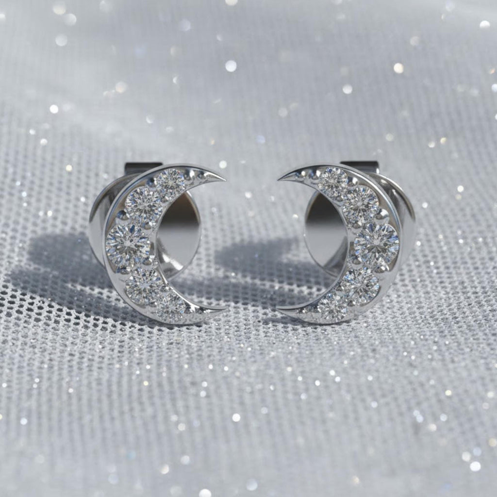 14k Diamond Mini Moon Studs, Small Crescent Earrings, Full Pair or Single Stud, Mix & Match Studs, 14K White, Yellow, Rose Gold, Luna