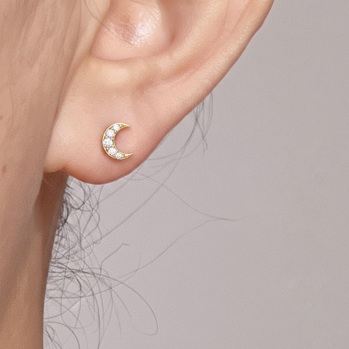 14k Diamond Mini Moon Studs, Small Crescent Earrings, Full Pair or Single Stud, Mix & Match Studs, 14K White, Yellow, Rose Gold, Luna