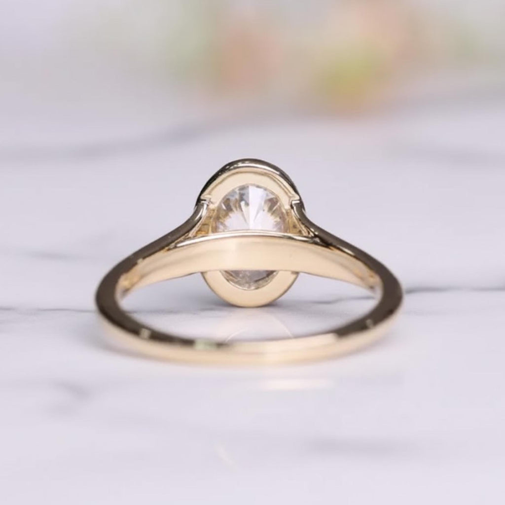 Oval Moissanite Bezel Engagement Ring  14k Solid Gold, Gift for Her