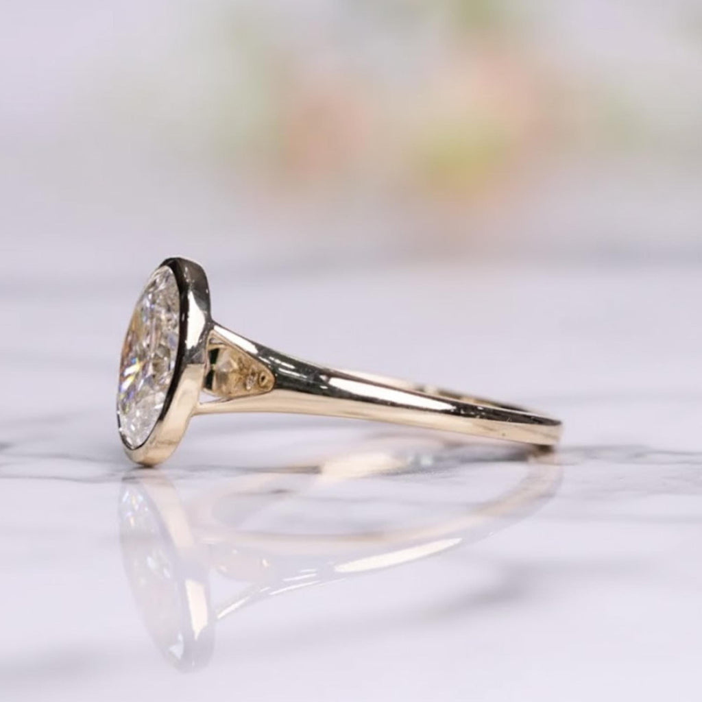 Oval Moissanite Bezel Engagement Ring  14k Solid Gold, Gift for Her