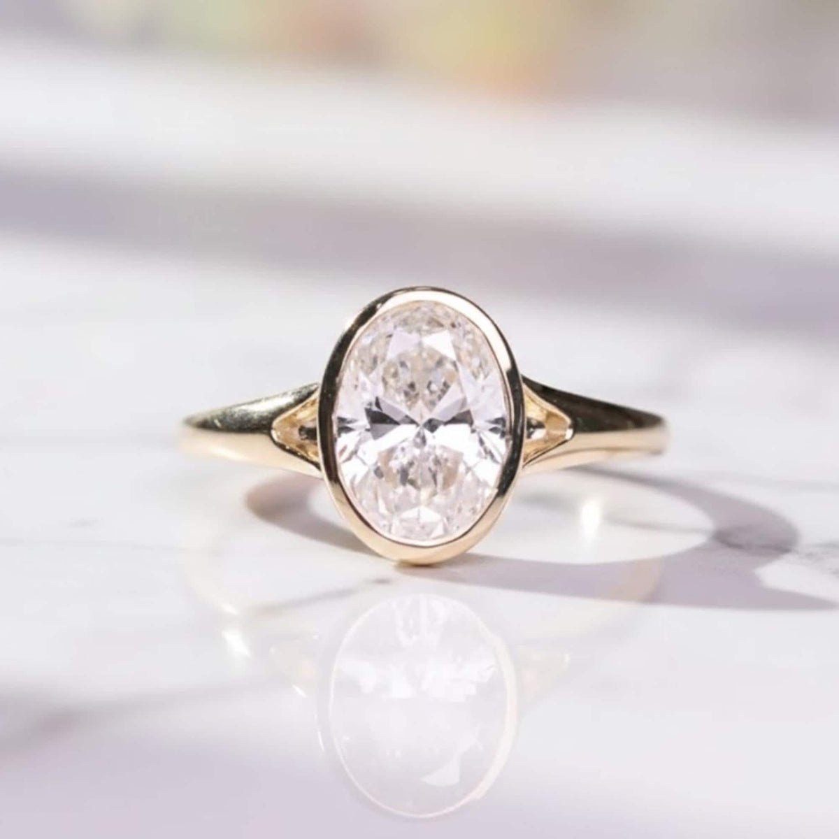Oval Moissanite Bezel Engagement Ring  14k Solid Gold, Gift for Her