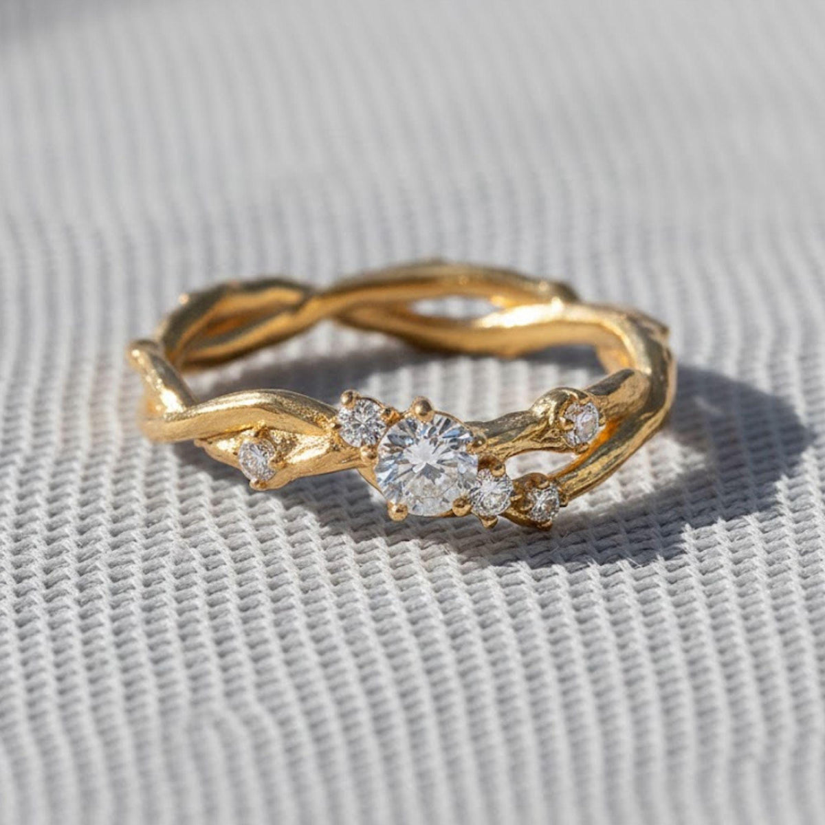 Tree Branch Twist Ring 14K Gold Engagement Band, Round Moissanite Twisted Vine Stackable Ring, Nature Inspired Botanical Wedding Ring