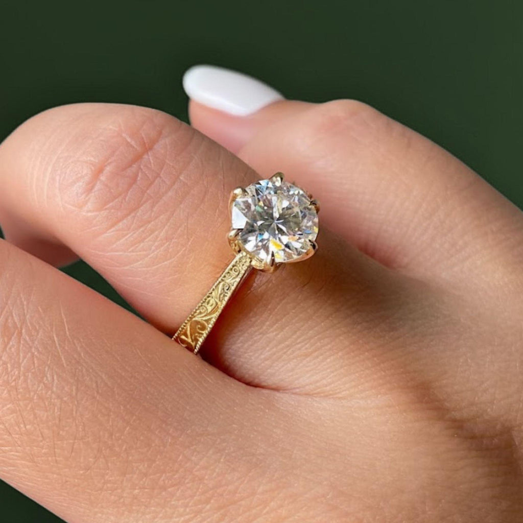14k Solid Gold 1.0 CT Round Moissanite Engagement Ring / Vintage Set Moissanite Ring for Women / Diamond Substitute Engagement Ring