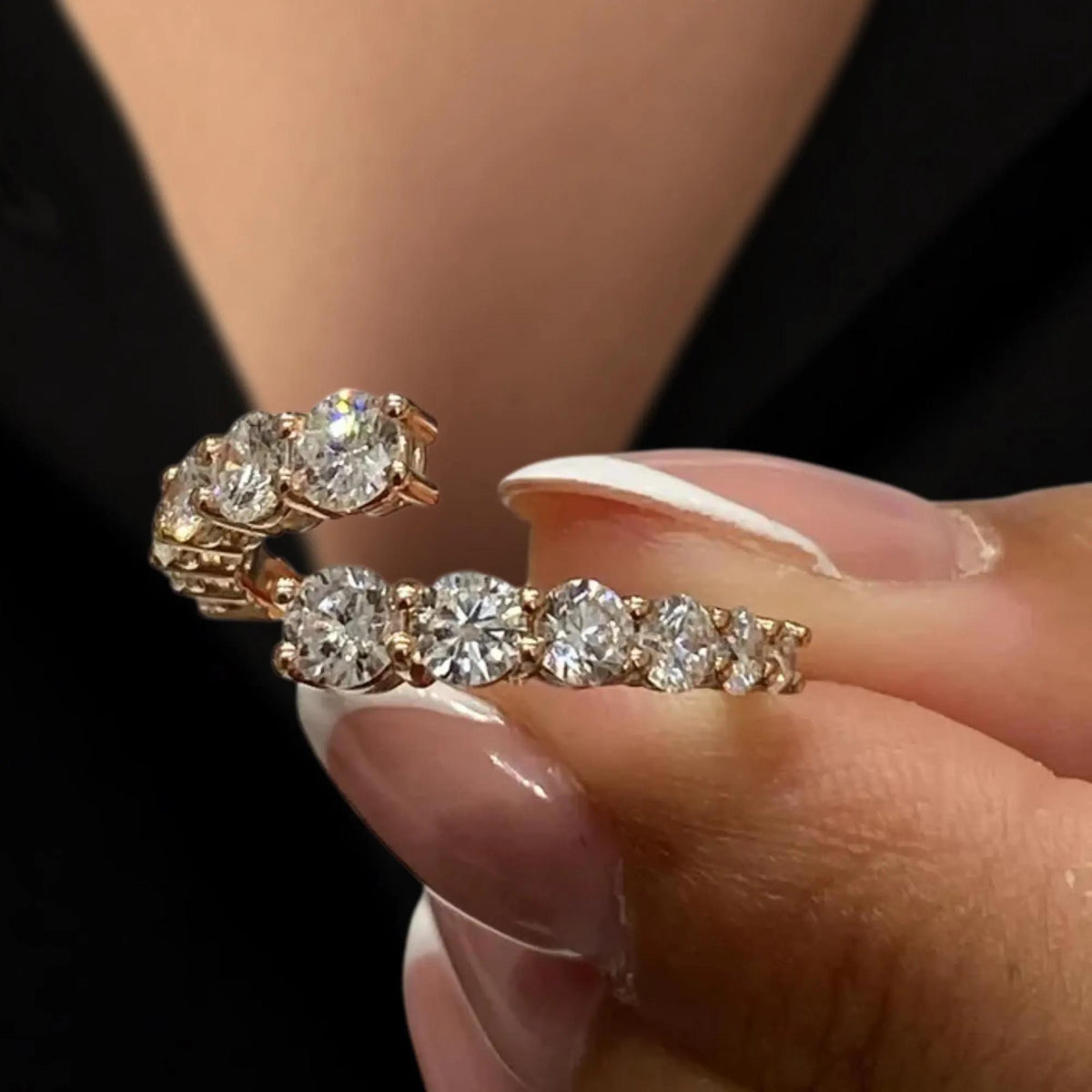 14k Solid Yellow Gold Spiral Diamond Moissanite Ring, Open Bypass Wedding Band