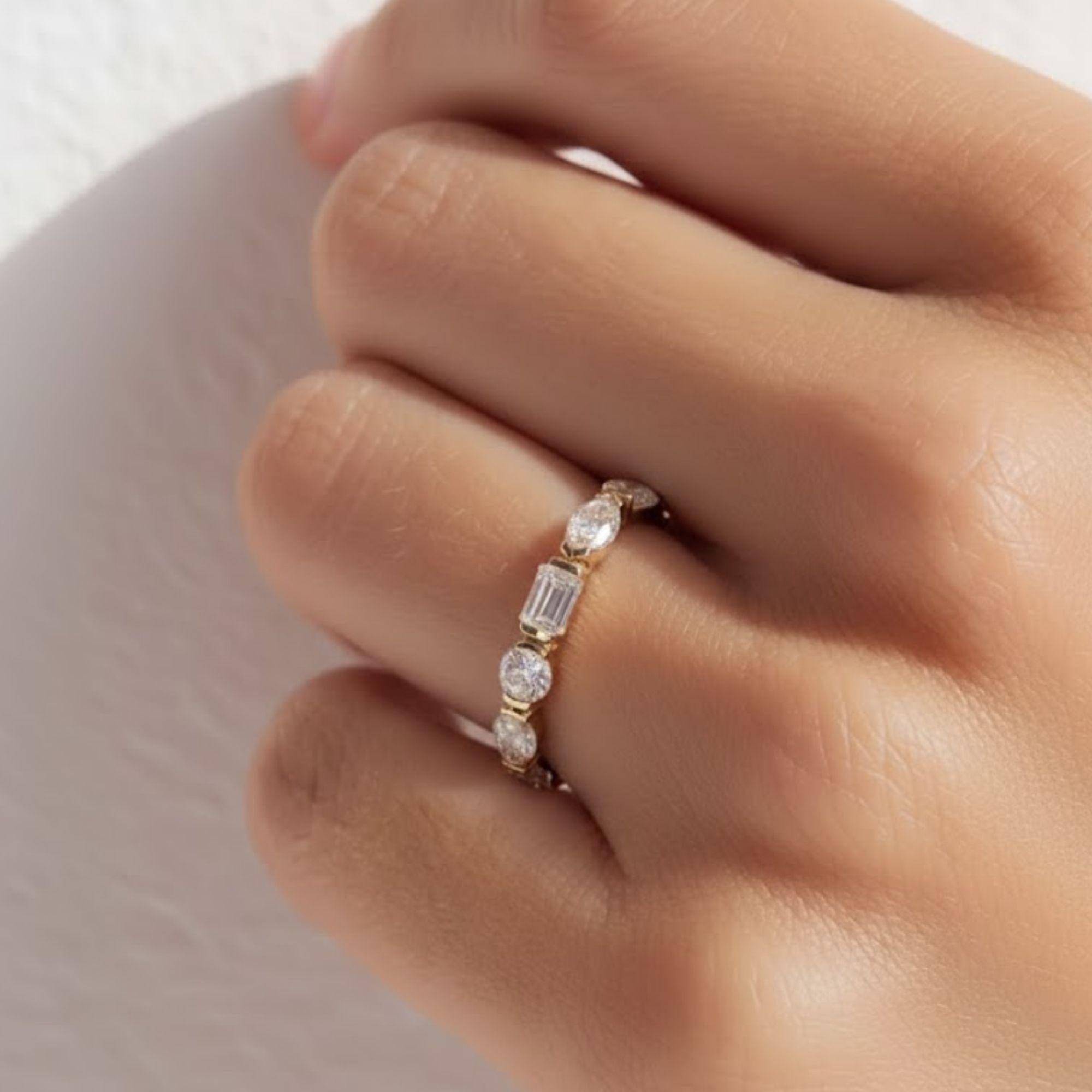 Gold Eternity Band with Mixed Cut Diamonds – Pear, Round, and Emerald Shapes – Unique Stacking Ring, Anniversary or Wedding Band For Her