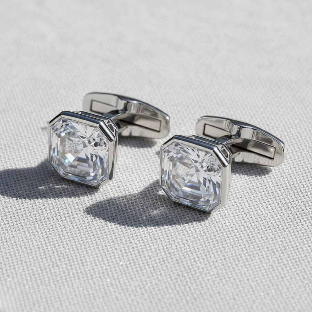 Men's Cufflinks 14k Gold & Sterling Silver with Asscher Cut Moissanite Diamond, Wedding, Anniversary Gift, Groom Accessories, Luxury Jewelry