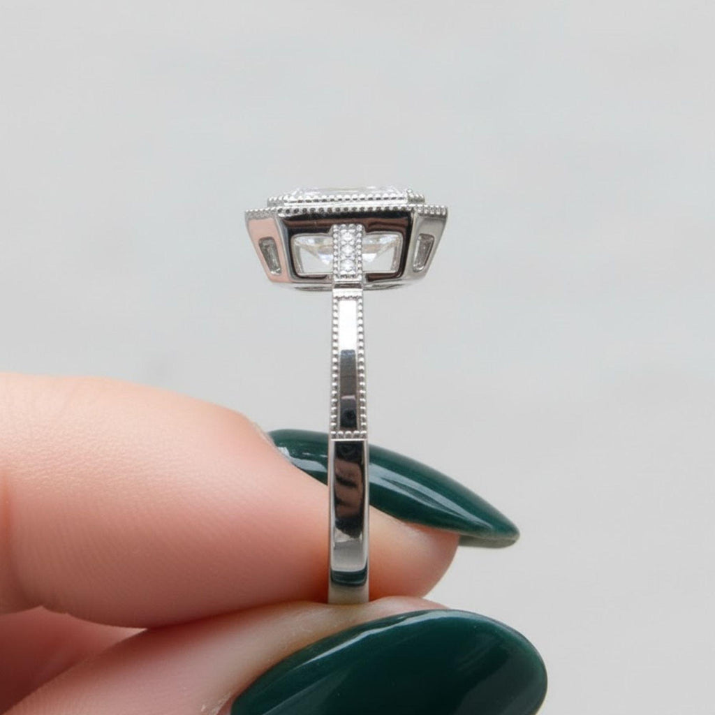 Emerald & Round Cut Solitaire Diamond Engagement Ring with Bezel Set Ring, Milgrain Ring, Premium 925 Sterling Silver 14K Gold Ring