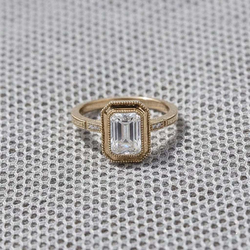 Emerald & Round Cut Solitaire Diamond Engagement Ring with Bezel Set Ring, Milgrain Ring, Premium 925 Sterling Silver 14K Gold Ring