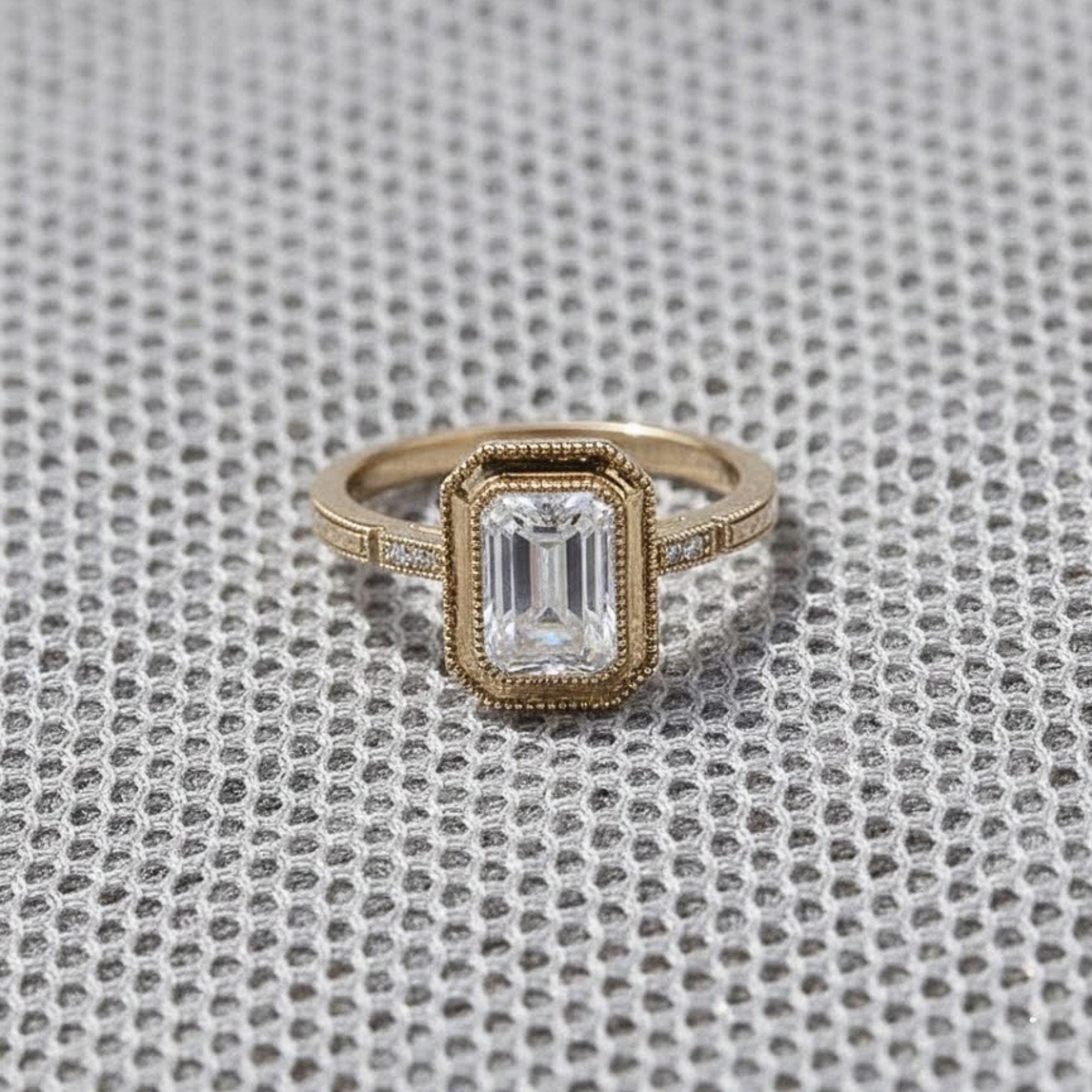 Emerald & Round Cut Solitaire Diamond Engagement Ring with Bezel Set Ring, Milgrain Ring, Premium 925 Sterling Silver 14K Gold Ring