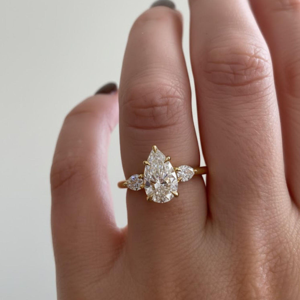 1.50ct Pear Cut Moissanite Ring, Petite Three Stone Engagement Ring, 14K Solid Gold Dainty Minimalist Jewelry, Pear Side Stone Promise Ring