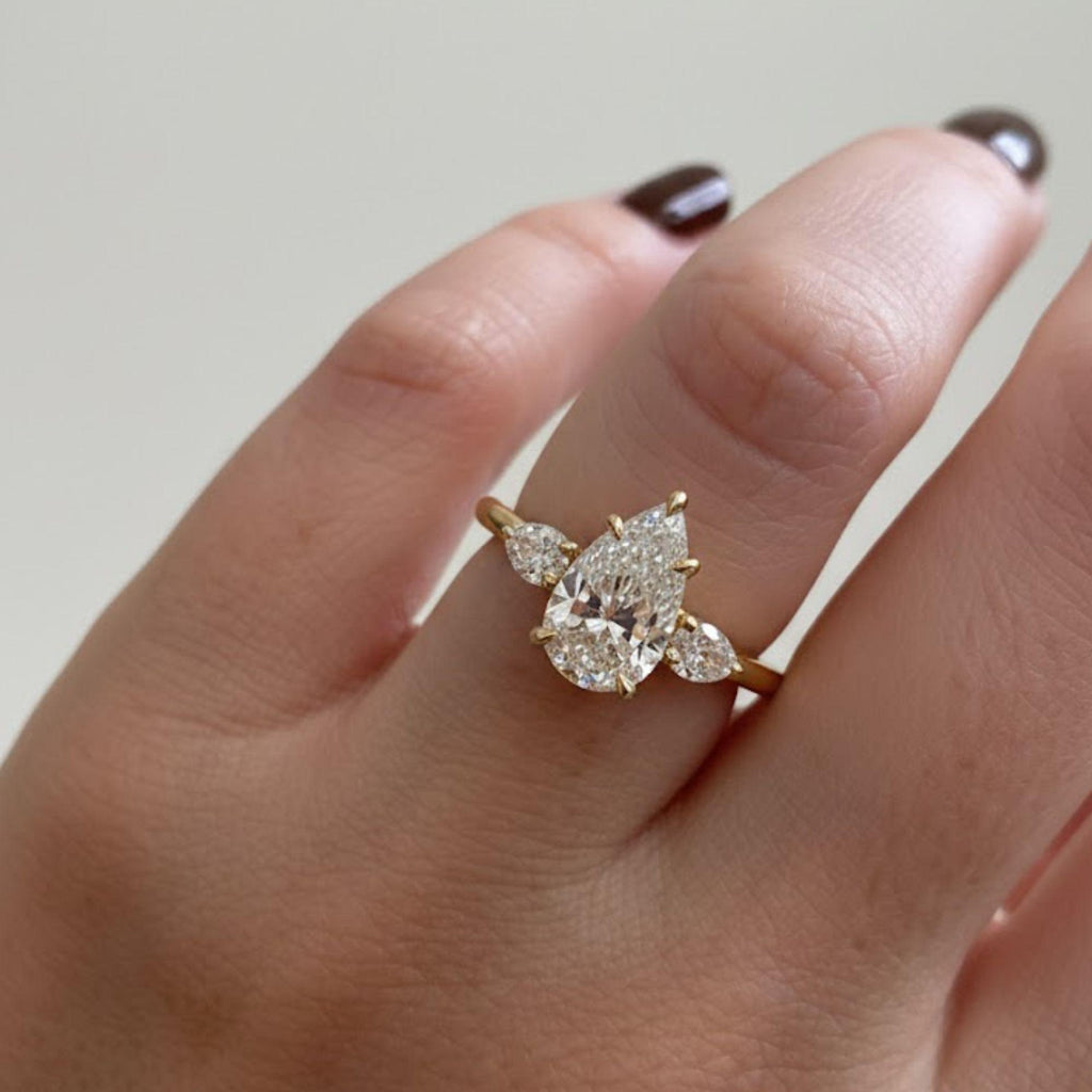 1.50ct Pear Cut Moissanite Ring, Petite Three Stone Engagement Ring, 14K Solid Gold Dainty Minimalist Jewelry, Pear Side Stone Promise Ring