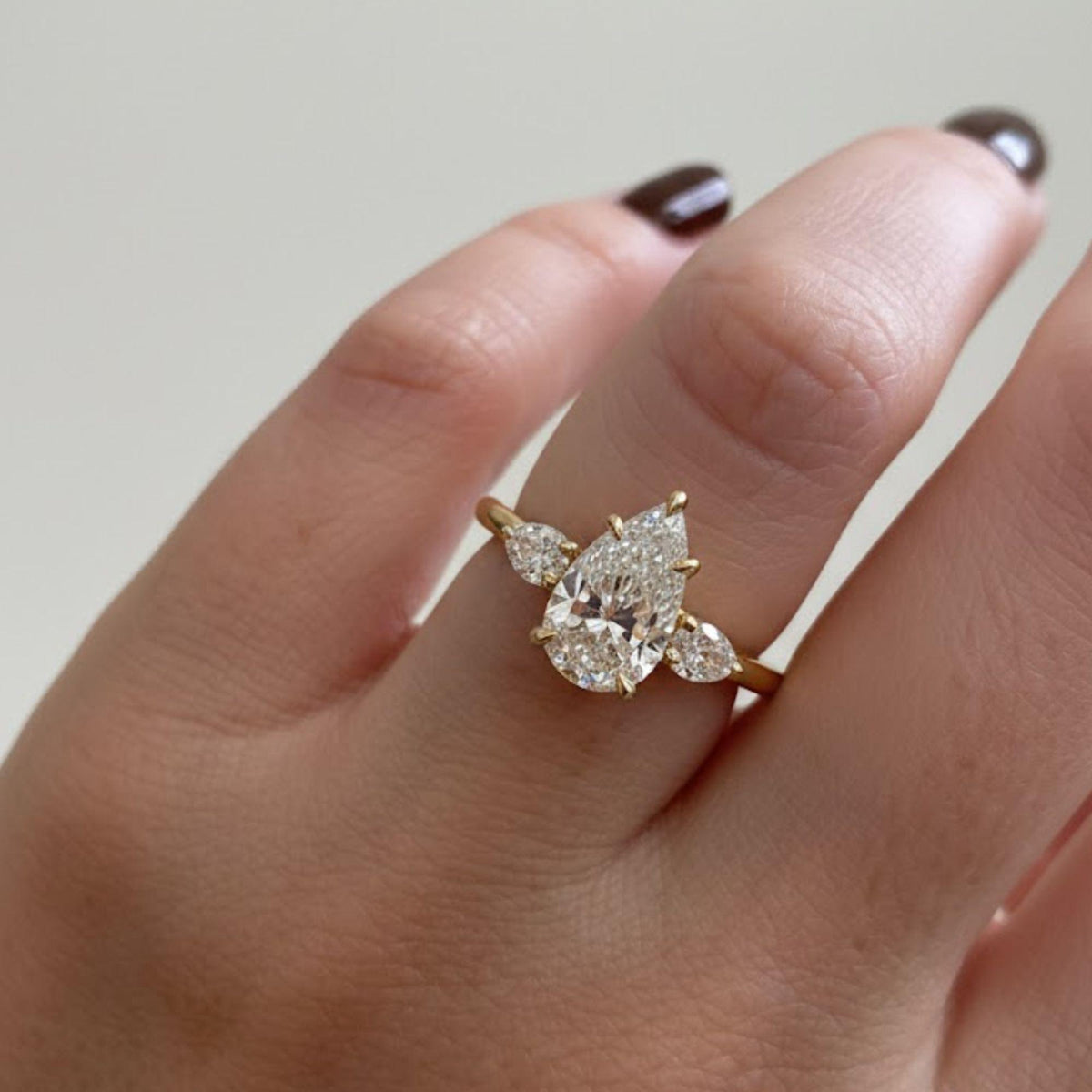 1.50ct Pear Cut Moissanite Ring, Petite Three Stone Engagement Ring, 14K Solid Gold Dainty Minimalist Jewelry, Pear Side Stone Promise Ring