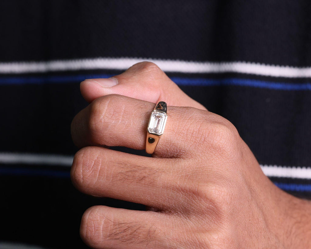 1.50 ctw Emerald Cut Moissanite Signet Ring, 14K Gold Bezel Set Dainty Engagement Ring, Minimalist Stackable Promise Ring, Birthday