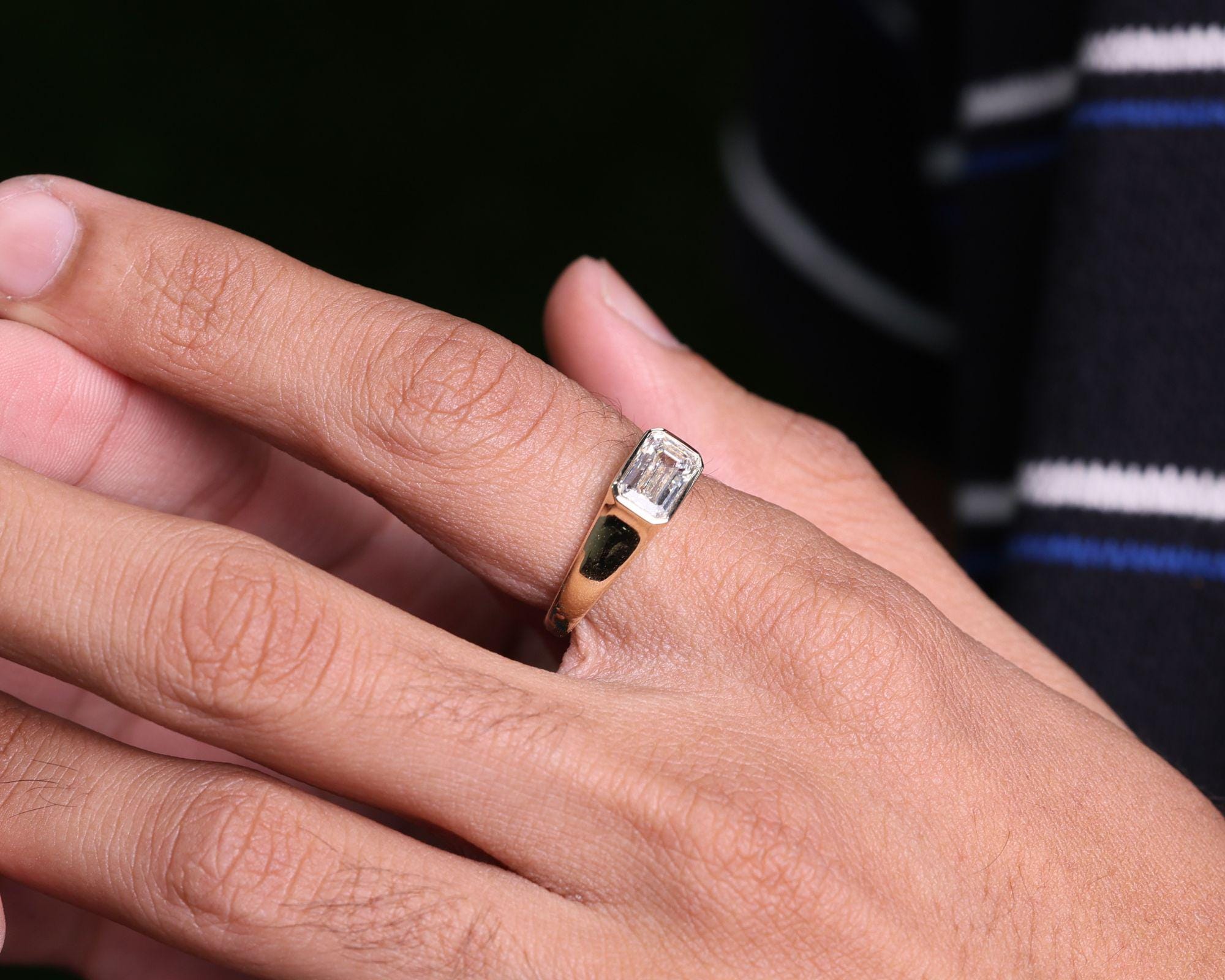 1.50 ctw Emerald Cut Moissanite Signet Ring, 14K Gold Bezel Set Dainty Engagement Ring, Minimalist Stackable Promise Ring, Birthday