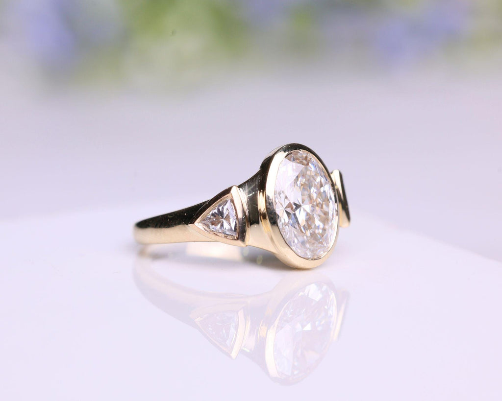 1.5Ct Oval Cut Engagement Ring, Bezel Set Moissanite, Three Stone Moissanite Band Ring, 14K Yellow Gold Minimalist Bridal Ring, Gift For Her