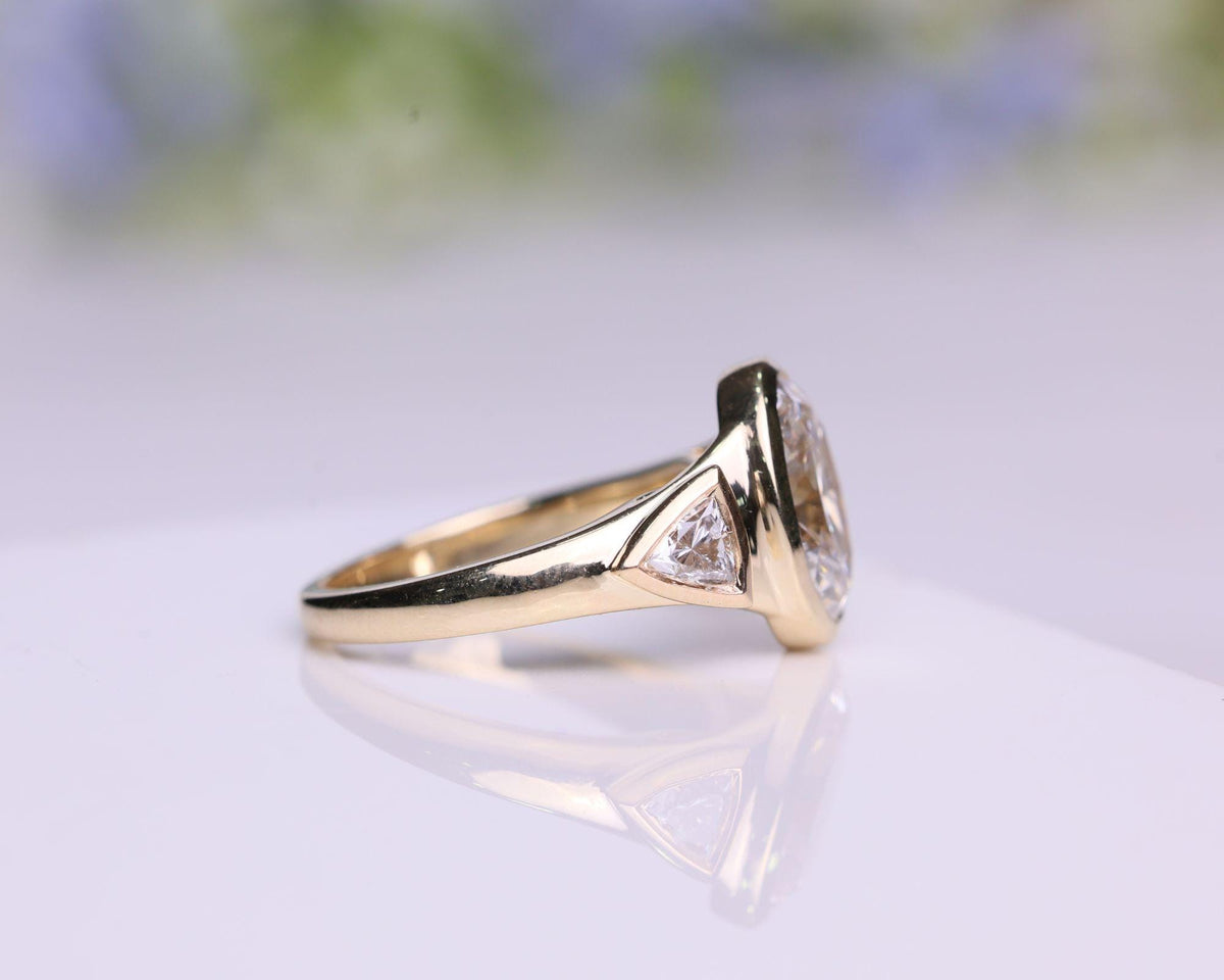 1.5Ct Oval Cut Engagement Ring, Bezel Set Moissanite, Three Stone Moissanite Band Ring, 14K Yellow Gold Minimalist Bridal Ring, Gift For Her