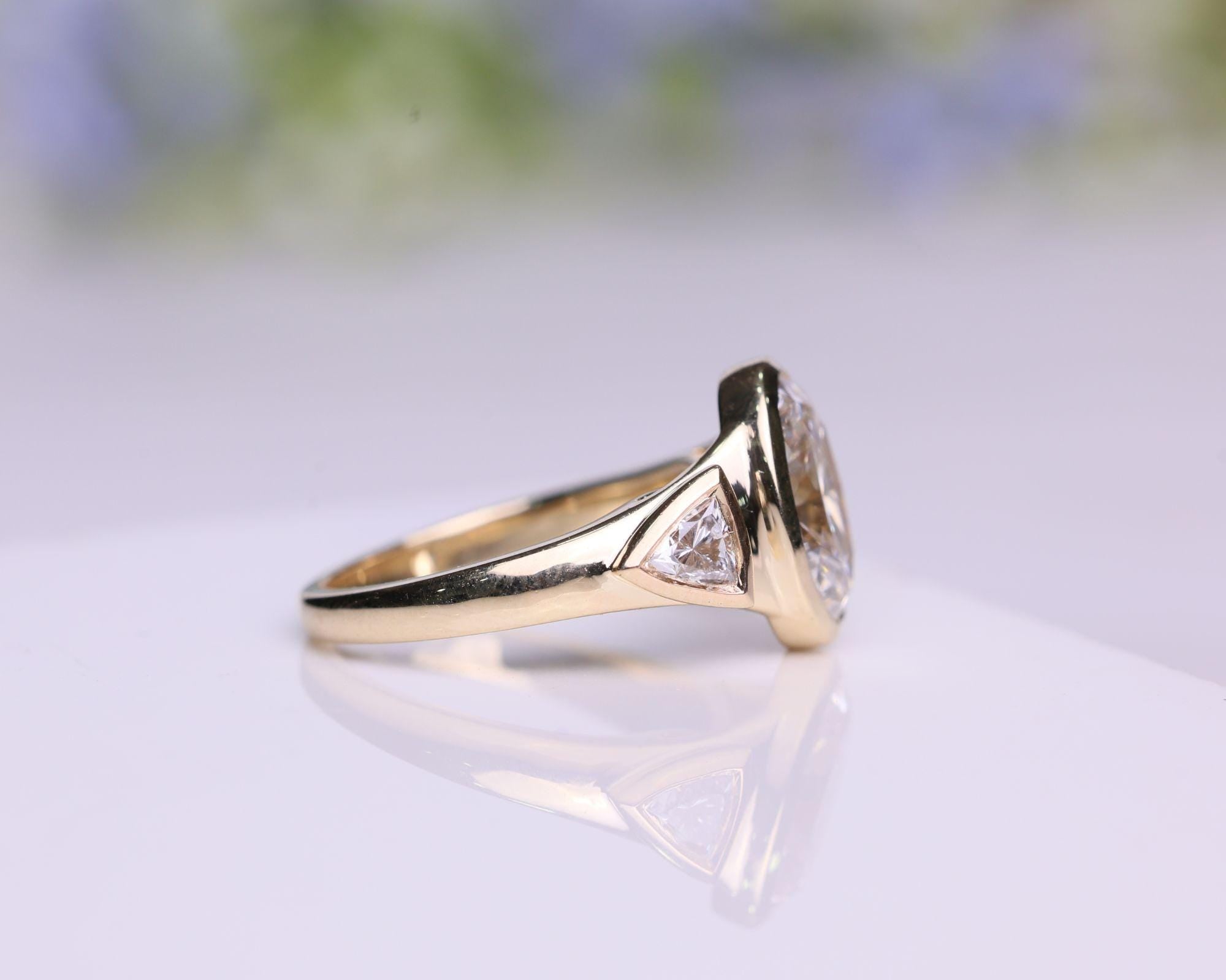 1.5Ct Oval Cut Engagement Ring, Bezel Set Moissanite, Three Stone Moissanite Band Ring, 14K Yellow Gold Minimalist Bridal Ring, Gift For Her