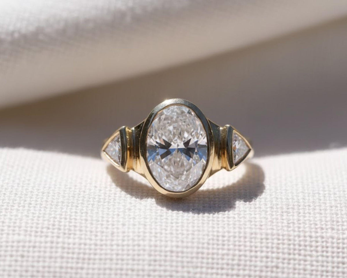 1.5Ct Oval Cut Engagement Ring, Bezel Set Moissanite, Three Stone Moissanite Band Ring, 14K Yellow Gold Minimalist Bridal Ring, Gift For Her