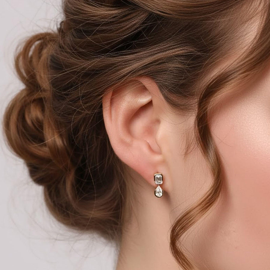 Emerald and pear Cut Moissanite Wedding Earrings in 14K Yellow Gold, Elegant Drop Earrings for Women, Perfect Anniversary Gift for Her