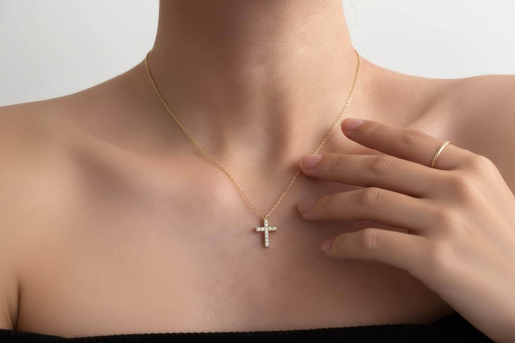 14k Gold Moissanite Cross Pendant Necklace, Religious Jewelry