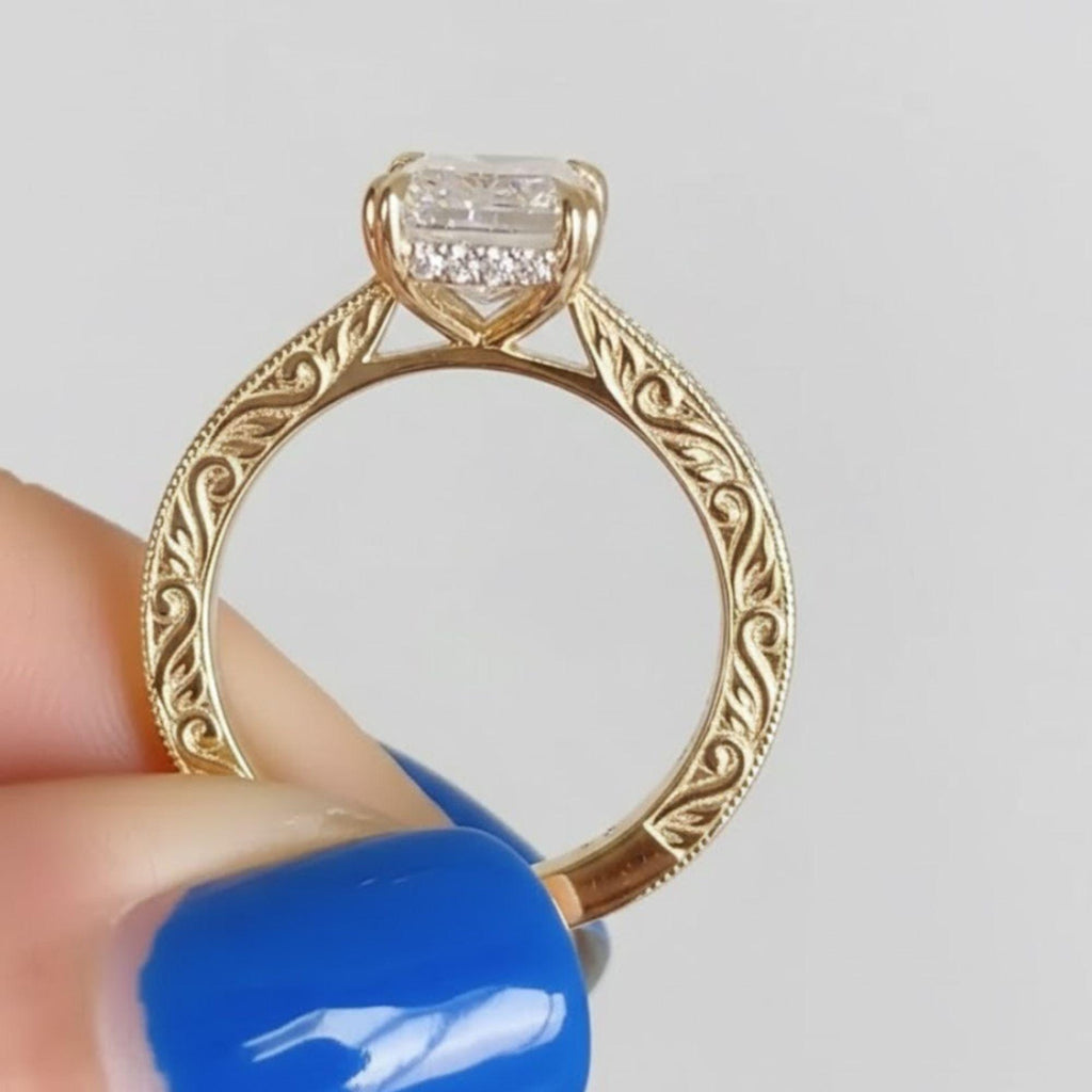 Emerald Cut Moissanite Ring, 14K Yellow Gold Vintage Floral Band
