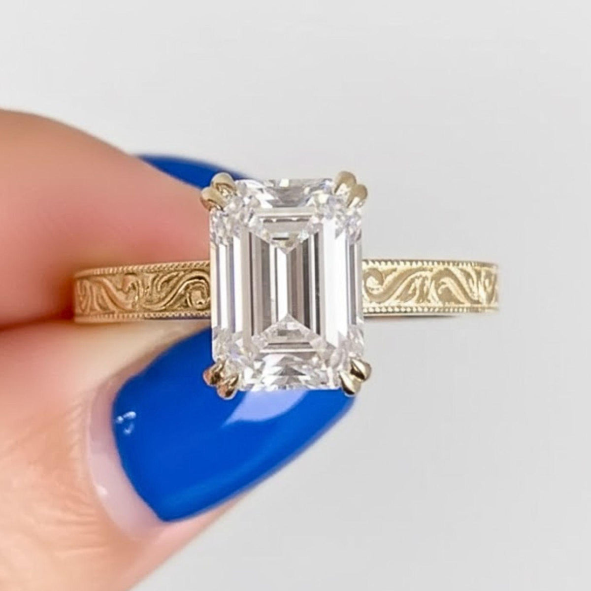 Emerald Cut Moissanite Ring, 14K Yellow Gold Vintage Floral Band